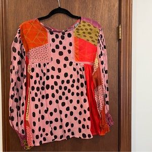 Anthropologie Pink Polka Dot Patchwork Long-Sleeve Blouse